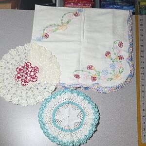 Embroidered Floral Handkerchief and Crochet Doilies Set